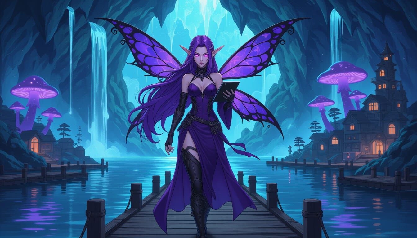 Cyborg Elf Woman with Fairy Wings in Cyberpunk Cavern