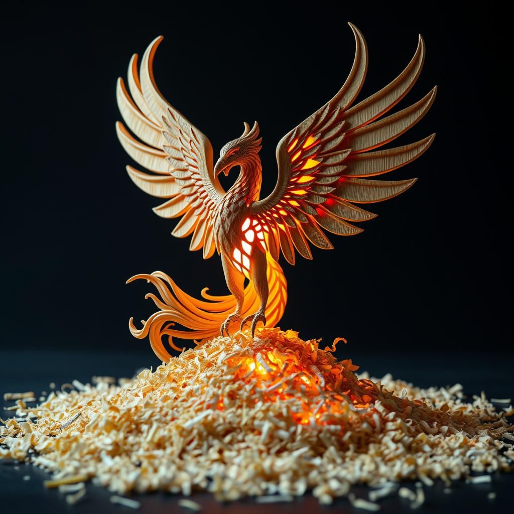 Wood-Carved Phoenix Rising: High Resolution Concept Art