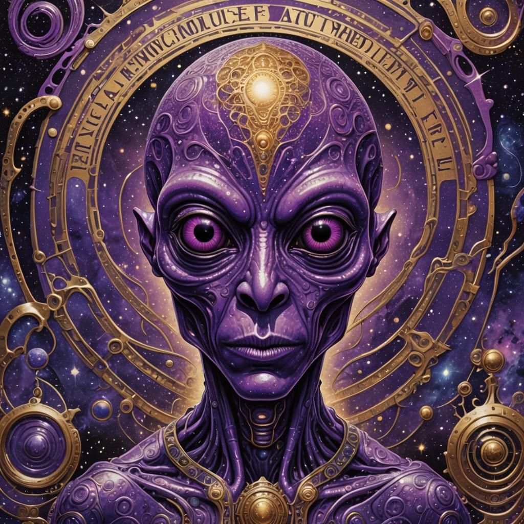 Purple Alien Wanted Poster in Cosmic Surrealism