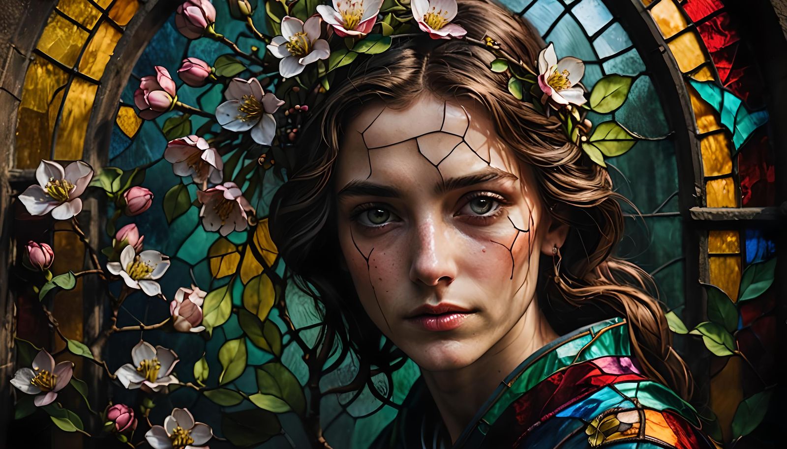 Spring Blossom Stained Glass Window Portrait