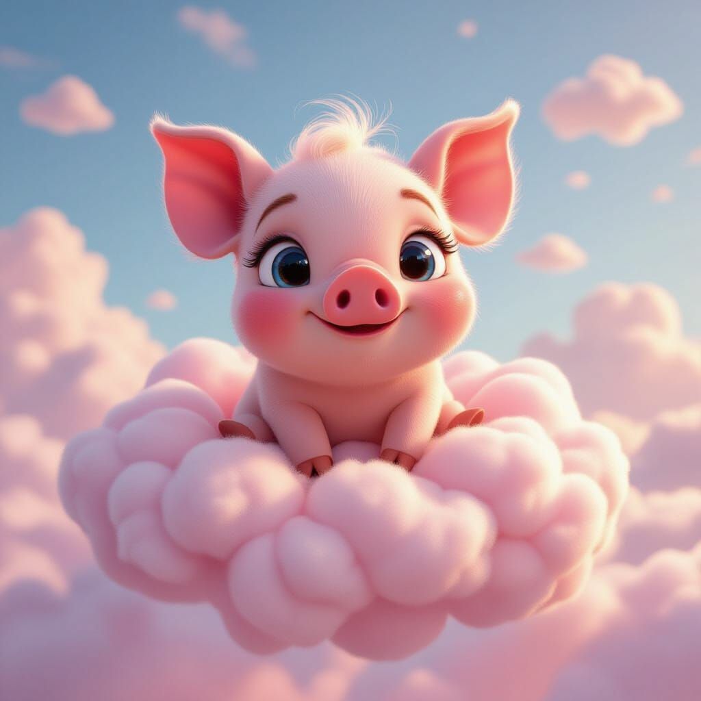 Cartoon Piglet on Candy Cloud in 3D Style