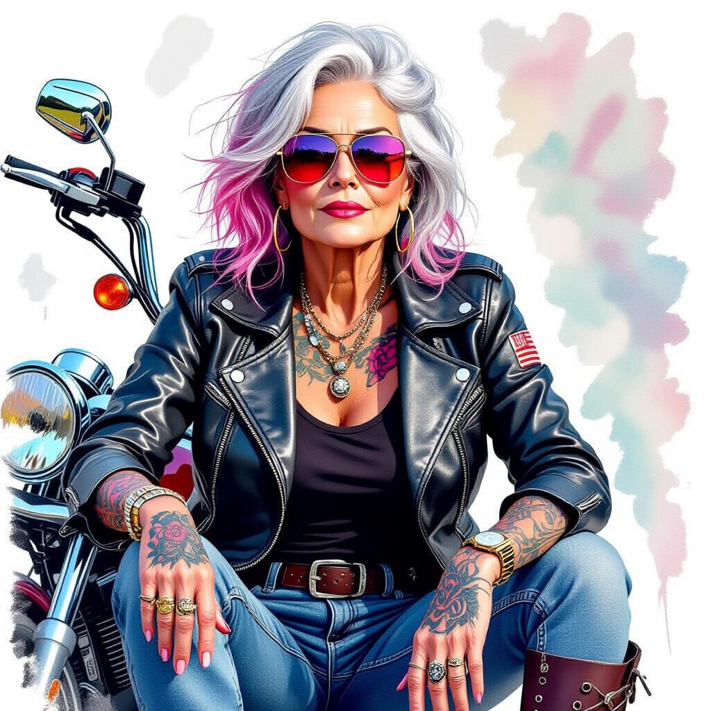 Biker Granny Portrait in Hyper-Realistic Watercolor Style