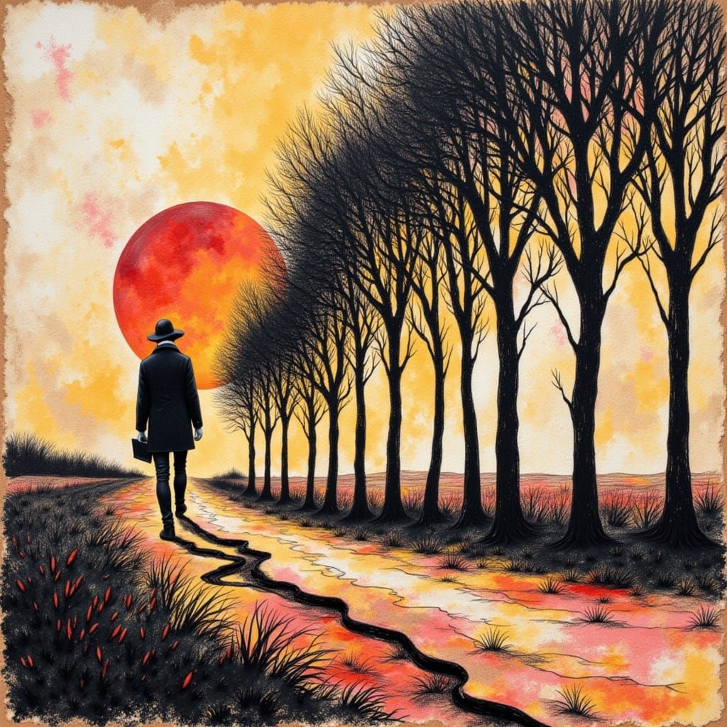 Lone Silhouette in Crimson Sunset Impasto Painting