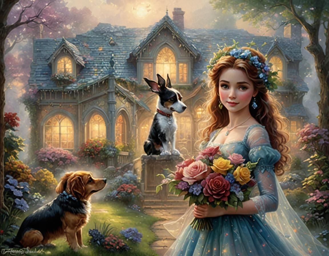 Ethereal Woman and Dog in Fantasy Landscape