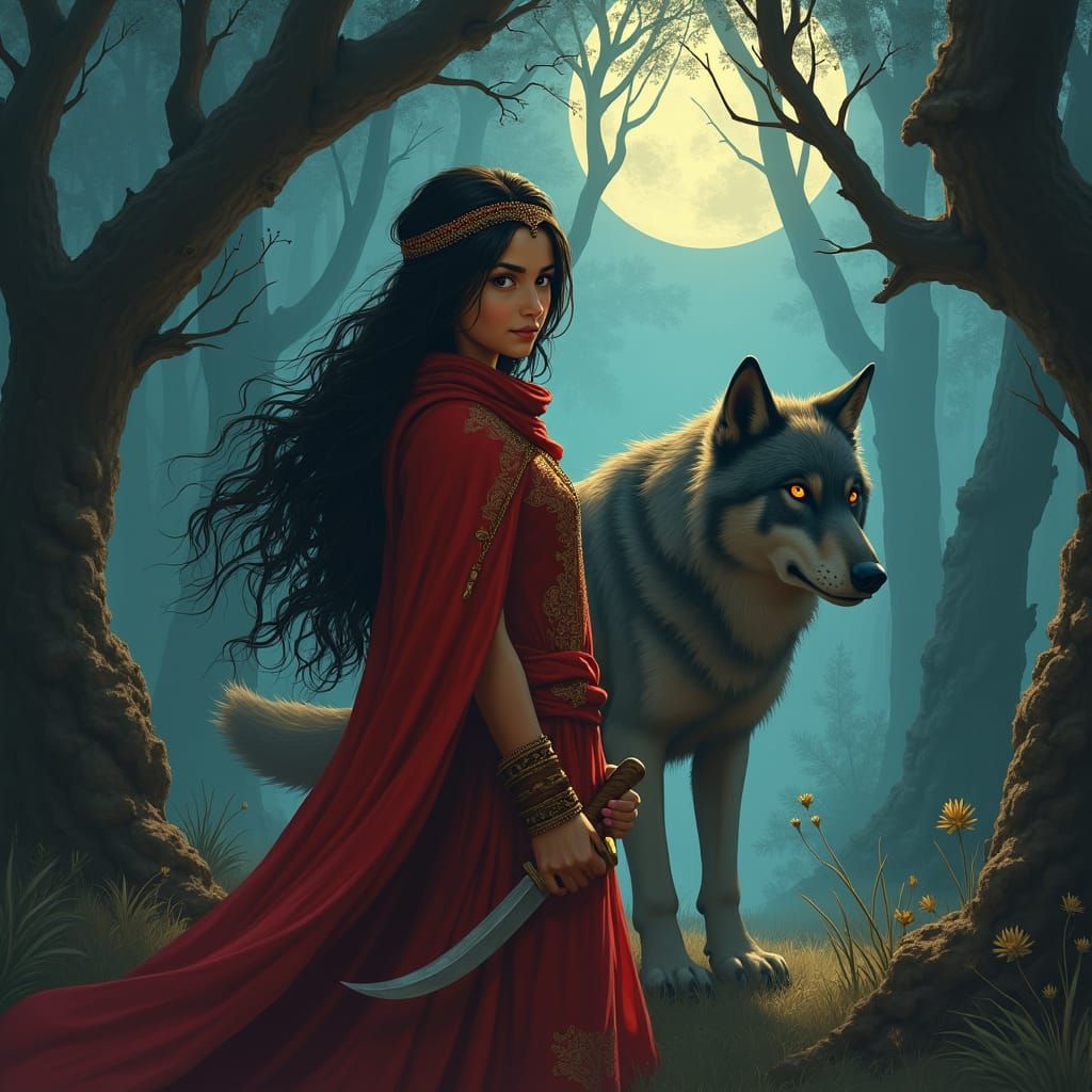 Girl with Dagger in Moonlit Forest
