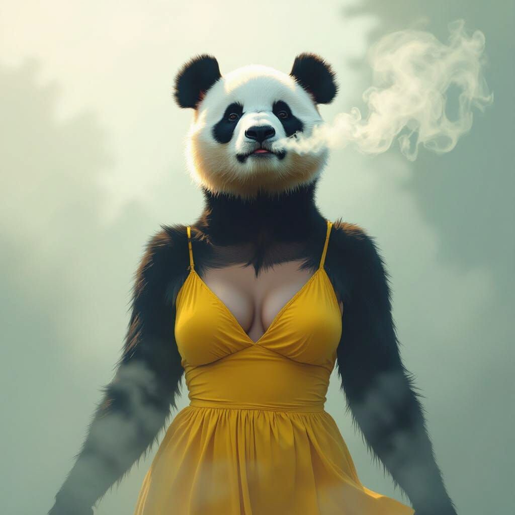 Panda Lady in Yellow Dress, Dreamy Digital Art