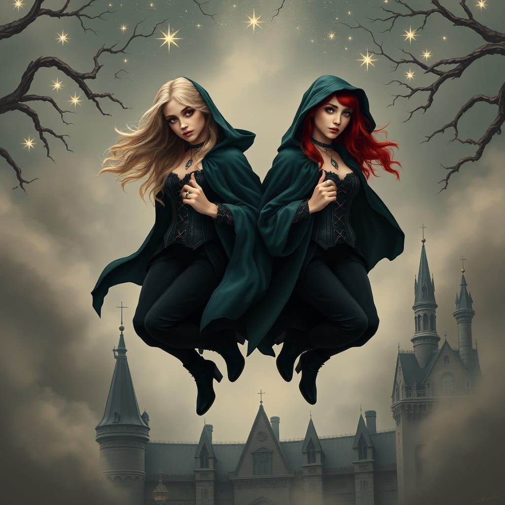 Twin Witches Casting Spells Above Gothic Castle