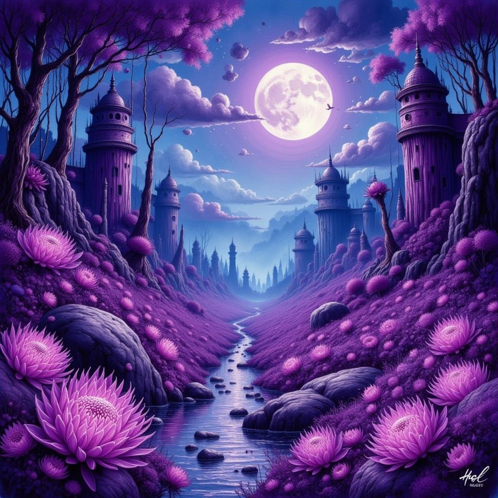 Alien Landscape with Bioluminescent Creatures in Retro Sci-F...