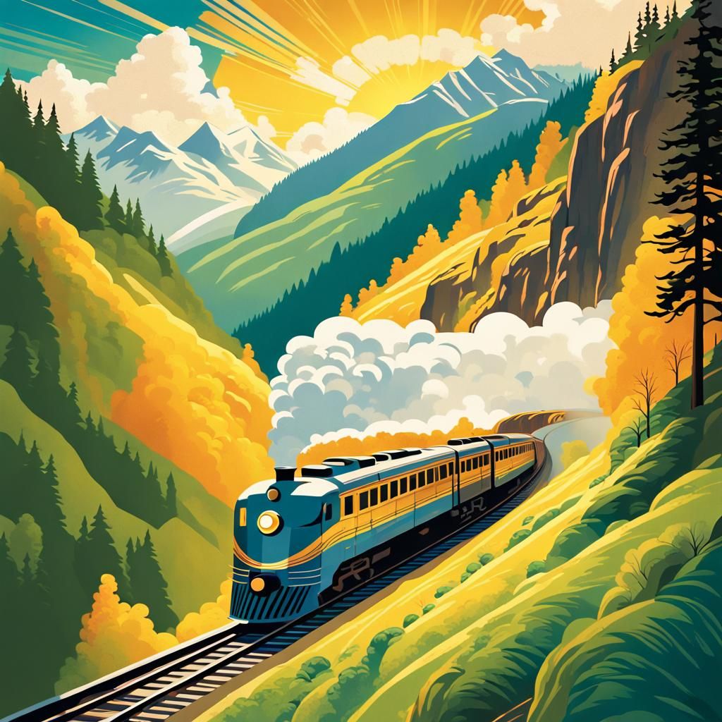 Art Deco Train Speeds Through Mountain Pass
