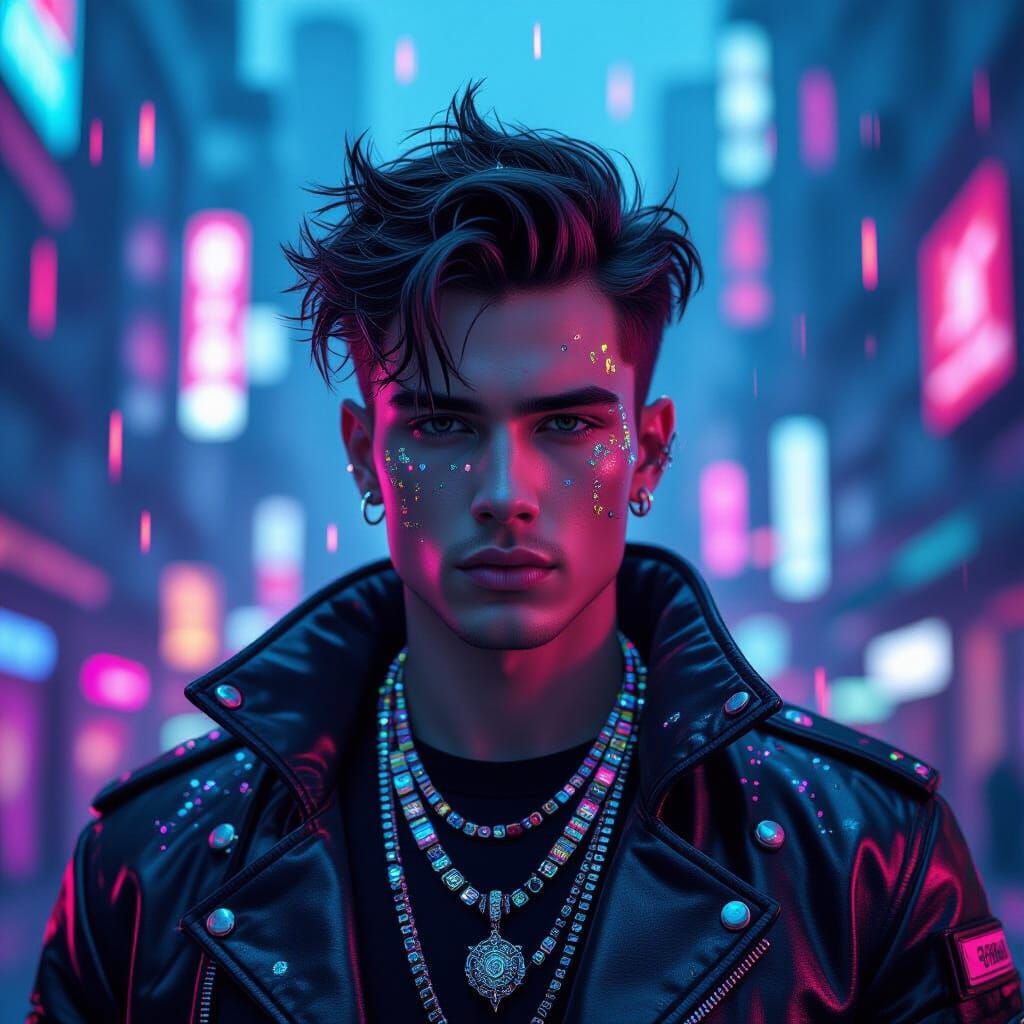 Futuristic Guy in Cyberpunk Cityscape with Neon Glitter