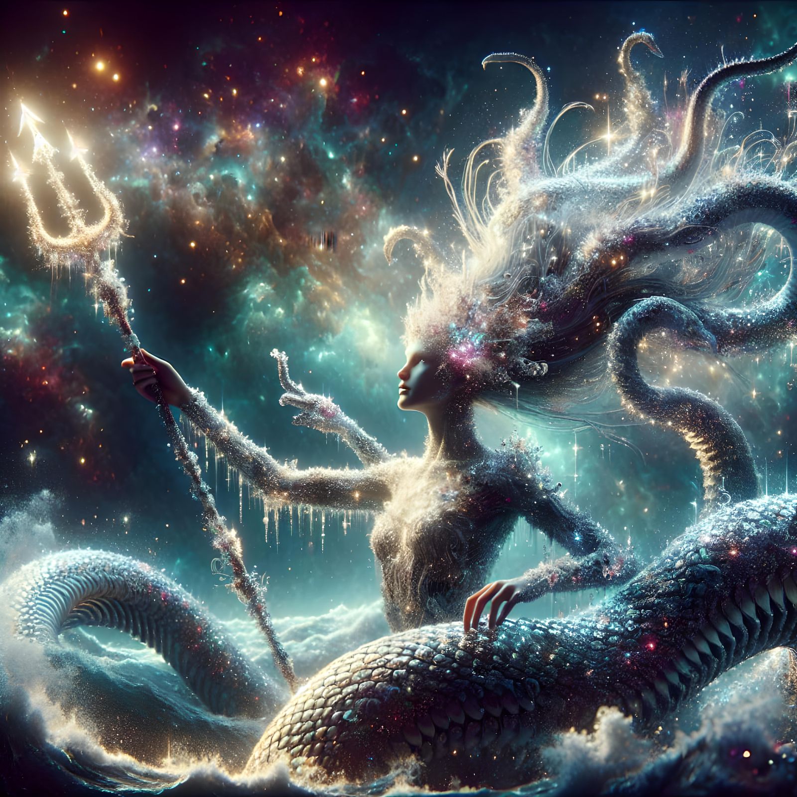 Mystical Snake Girl with Trident in Digital Matte Painting