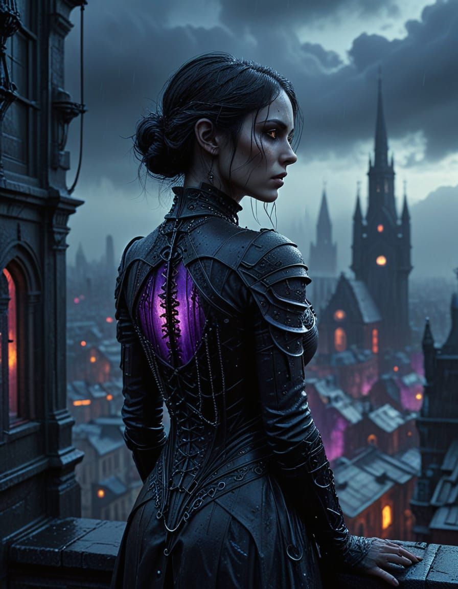 Gothic Woman in Futuristic Cityscape
