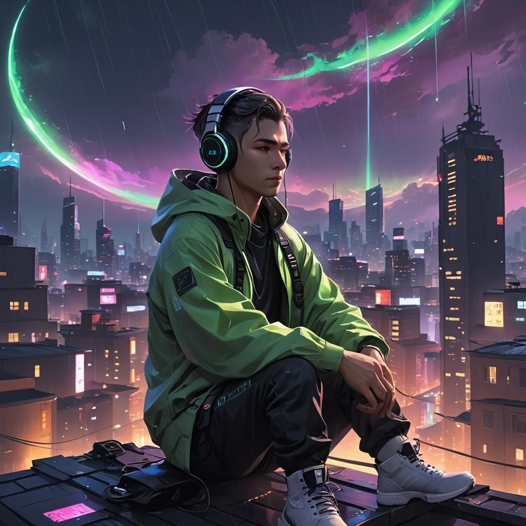 Cyberpunk Rooftop Scene with Aurora Borealis