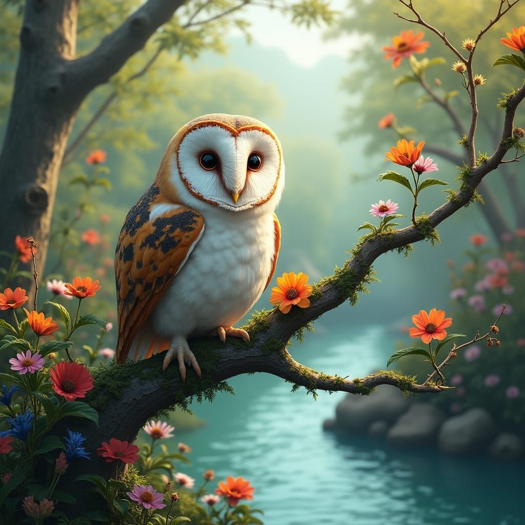 Barn Owl in Dreamlike Fantasy Landscape