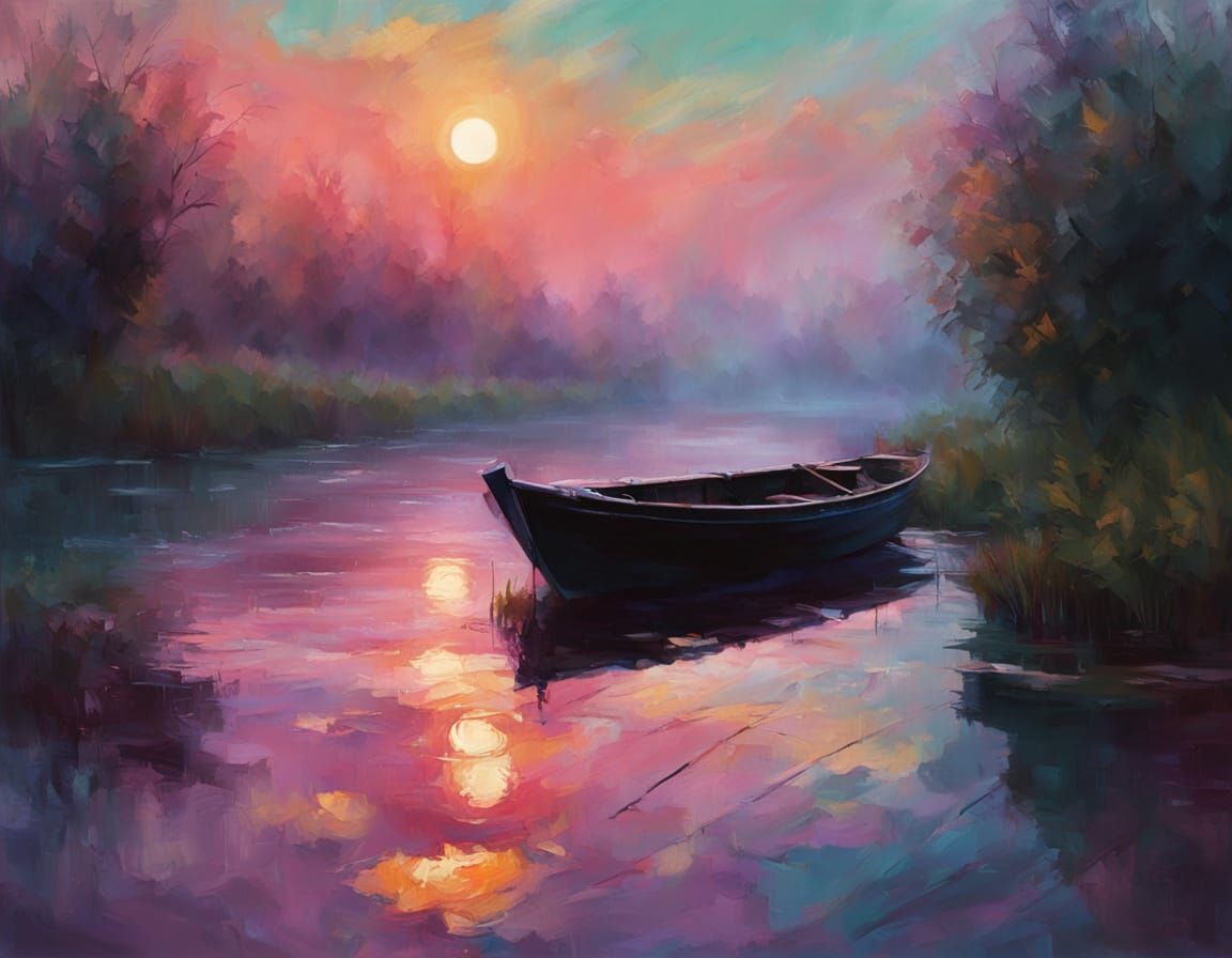 Allegory Boat on River at Sunrise in Thick Oil Paint Style