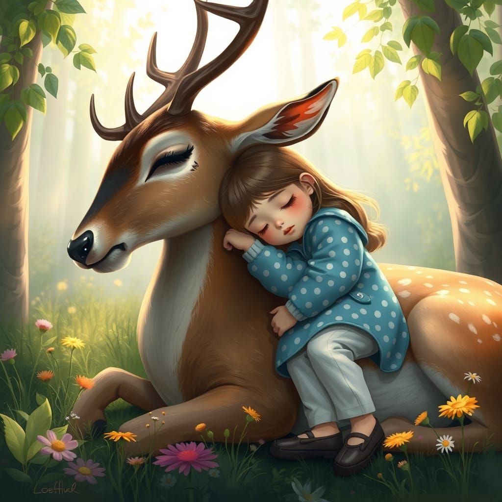 Girl and Deer Sleeping in Forest: Digital Painting