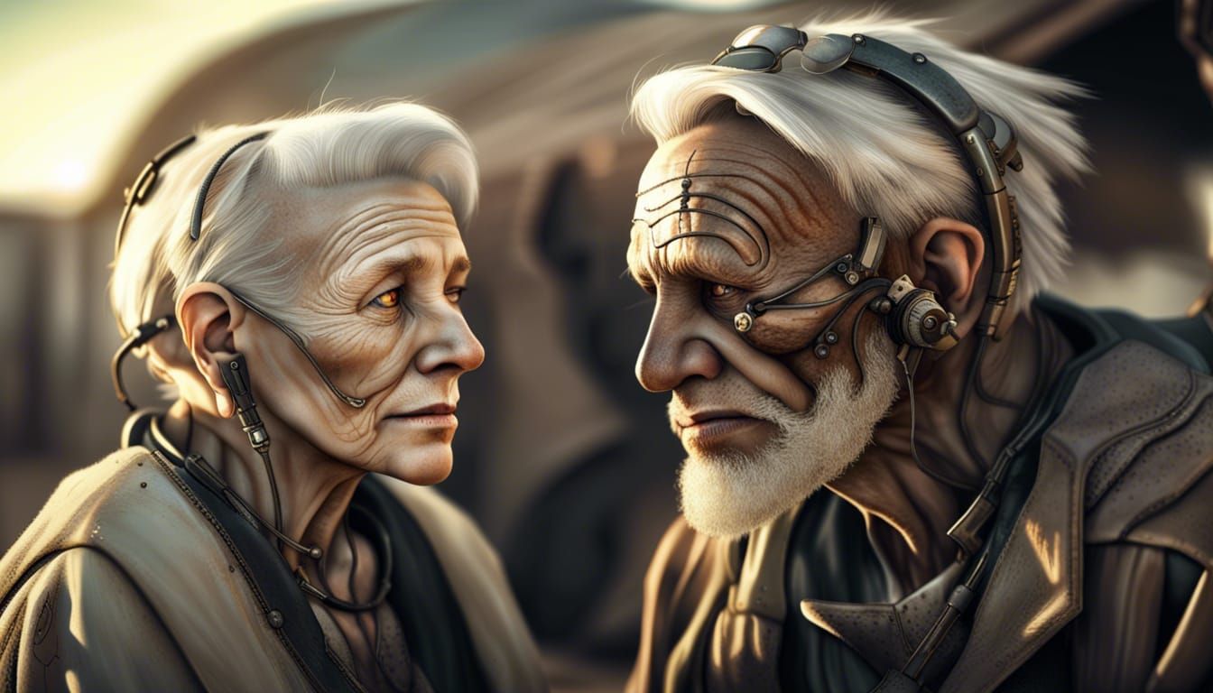 Loving Cyborg Couple in Post-Apocalyptic Desert