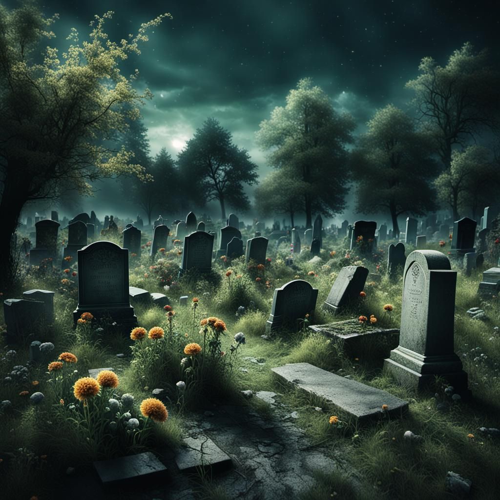 Eerie Graveyard with Mutated Flowers in Cinematic Style