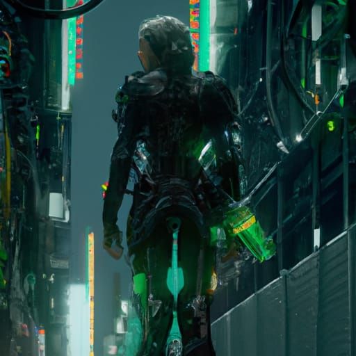 Cybernetically Enhanced Woman in Dystopian Cyberpunk City