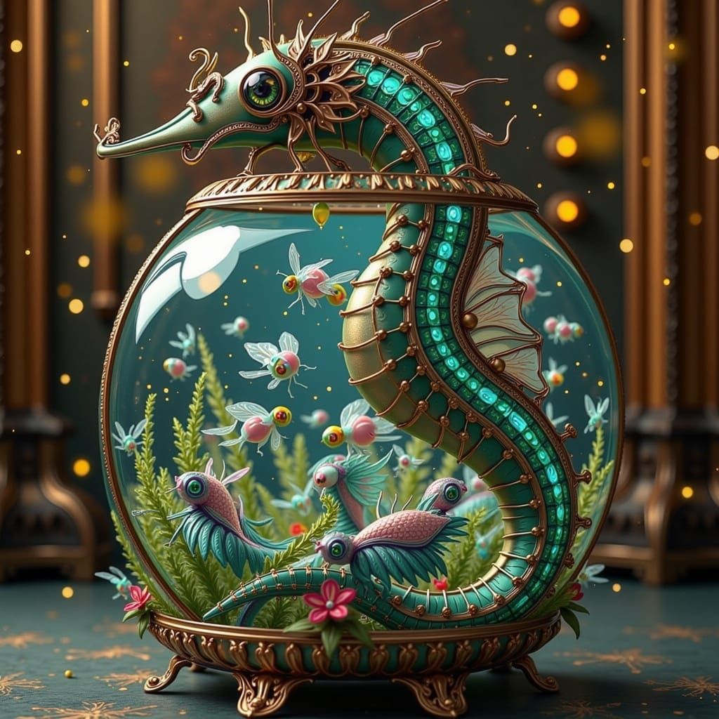 Majestic Steampunk Seahorse Aquarium with Alien Octopi-Fish