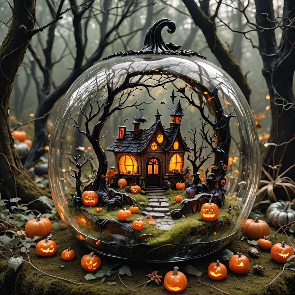 Halloween Scene in Glass Pumpkin, Fairy Forest