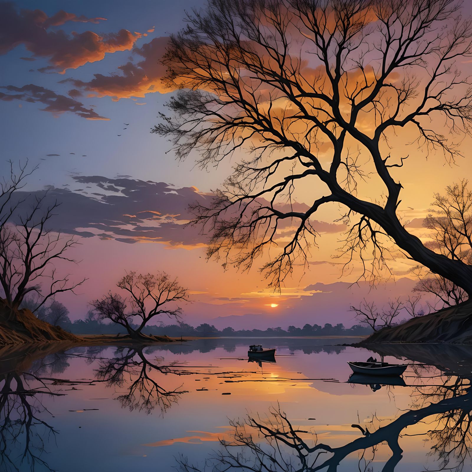 Vibrant Sunset Reflecting Leafless Tree: Fantasy Concept Art