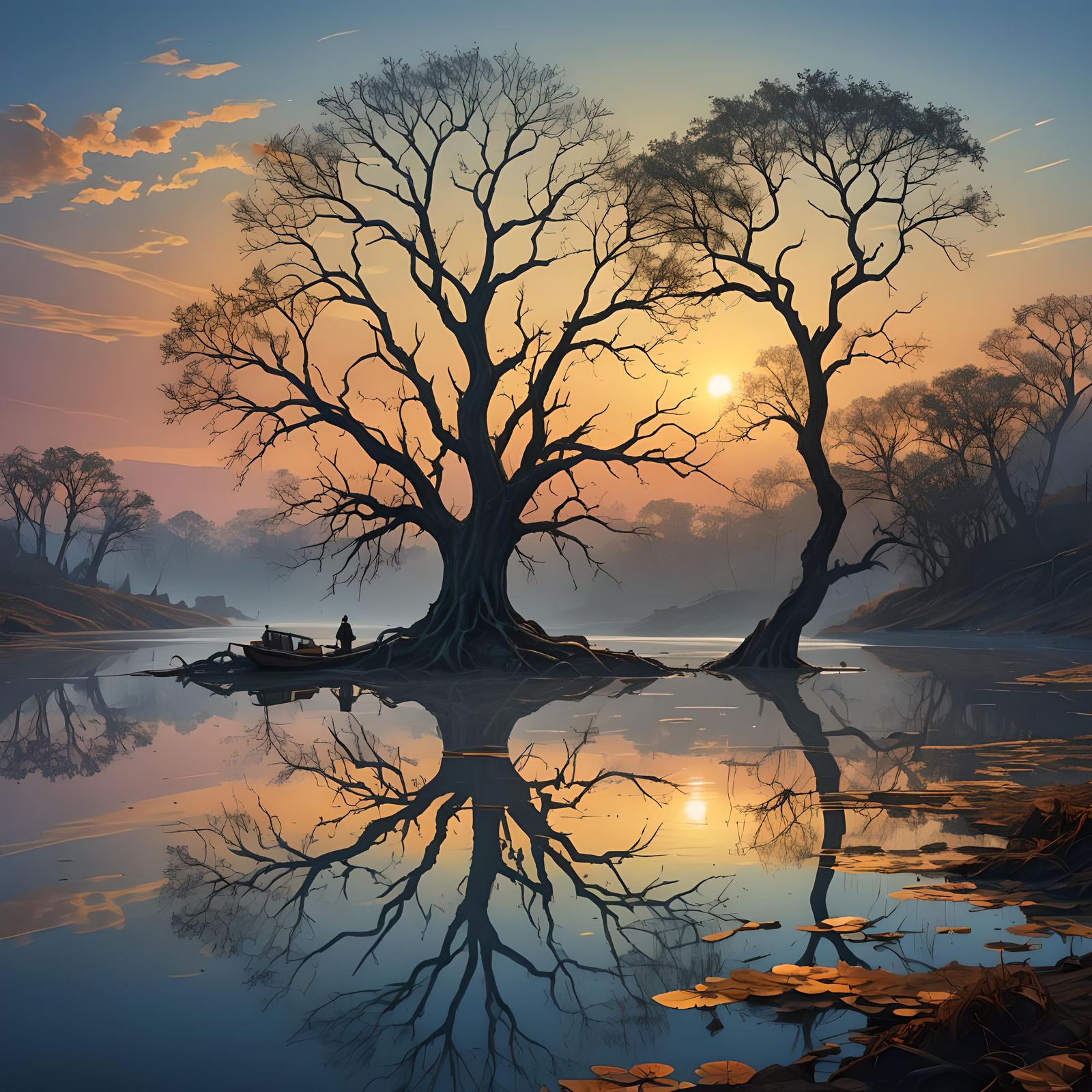 Sunset Over Orinoco River with Lonely Tree
