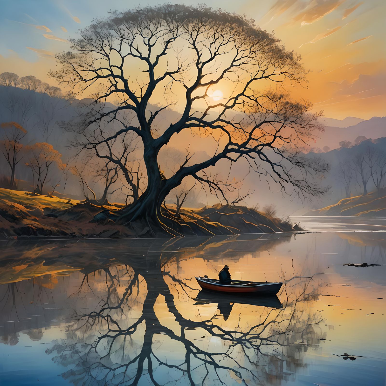 Vibrant Sunset Over Orinoco River with Lonely Boat