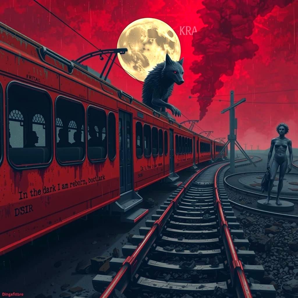 Crimson Tramway in Wasteland: Beksiński-Inspired Art