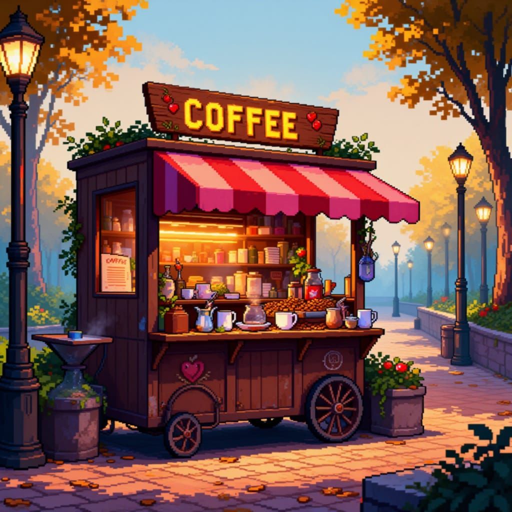 Cozy Pixel Art Coffee Cart in Nizhny Novgorod Evening
