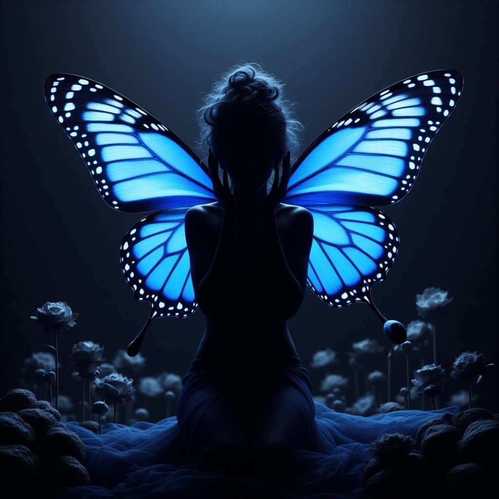 Blue Fairy Against Black Background