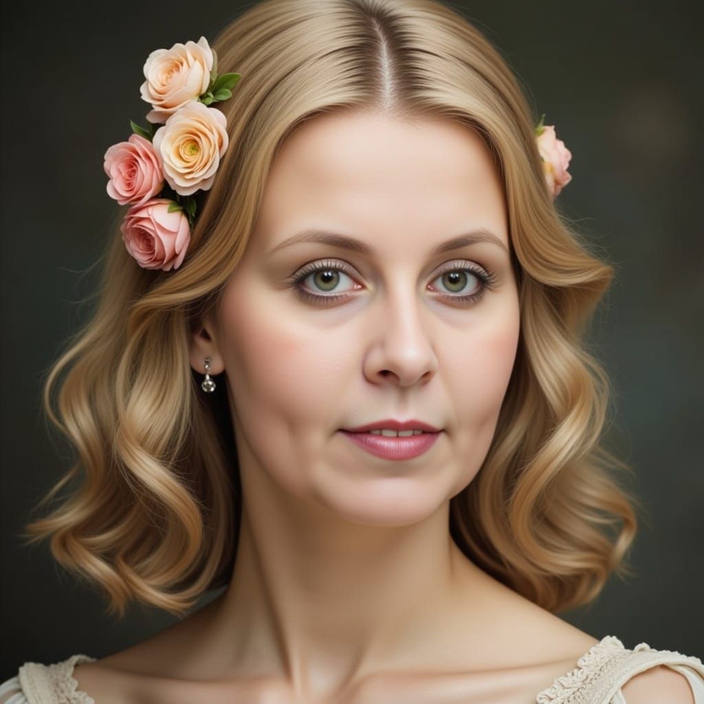 A blonde European girl with flowers on her head --sref 22426...