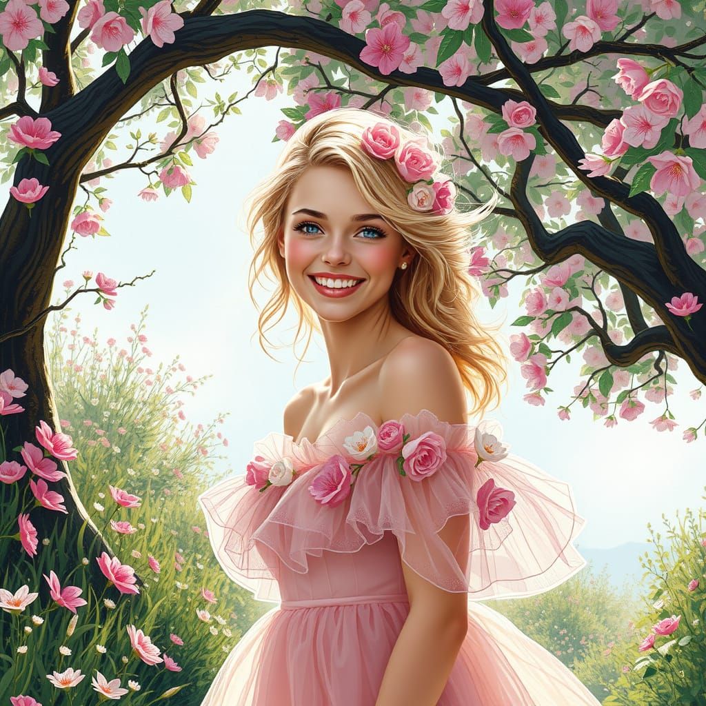 Blonde Beauty Walks Through Floral Wonderland