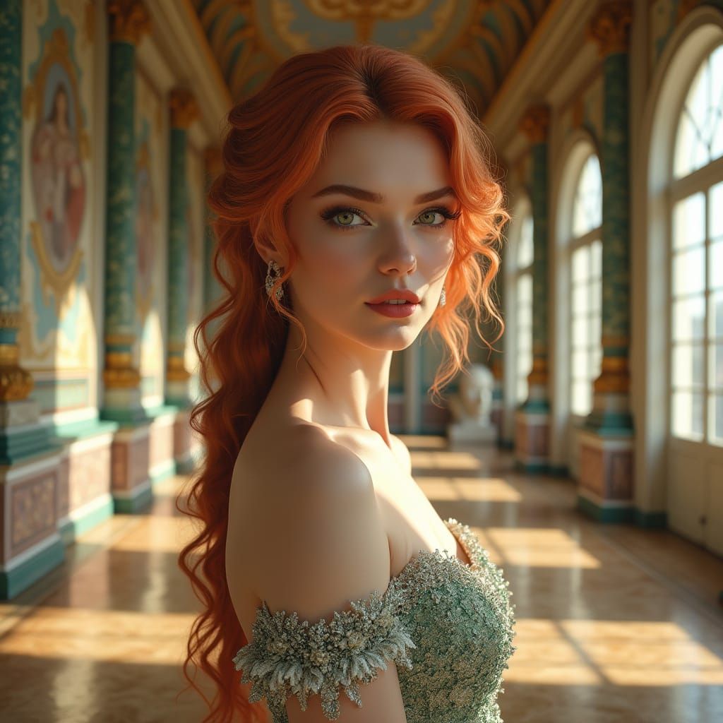 Elegant Woman in Rococo Hall: Photorealistic Digital Art
