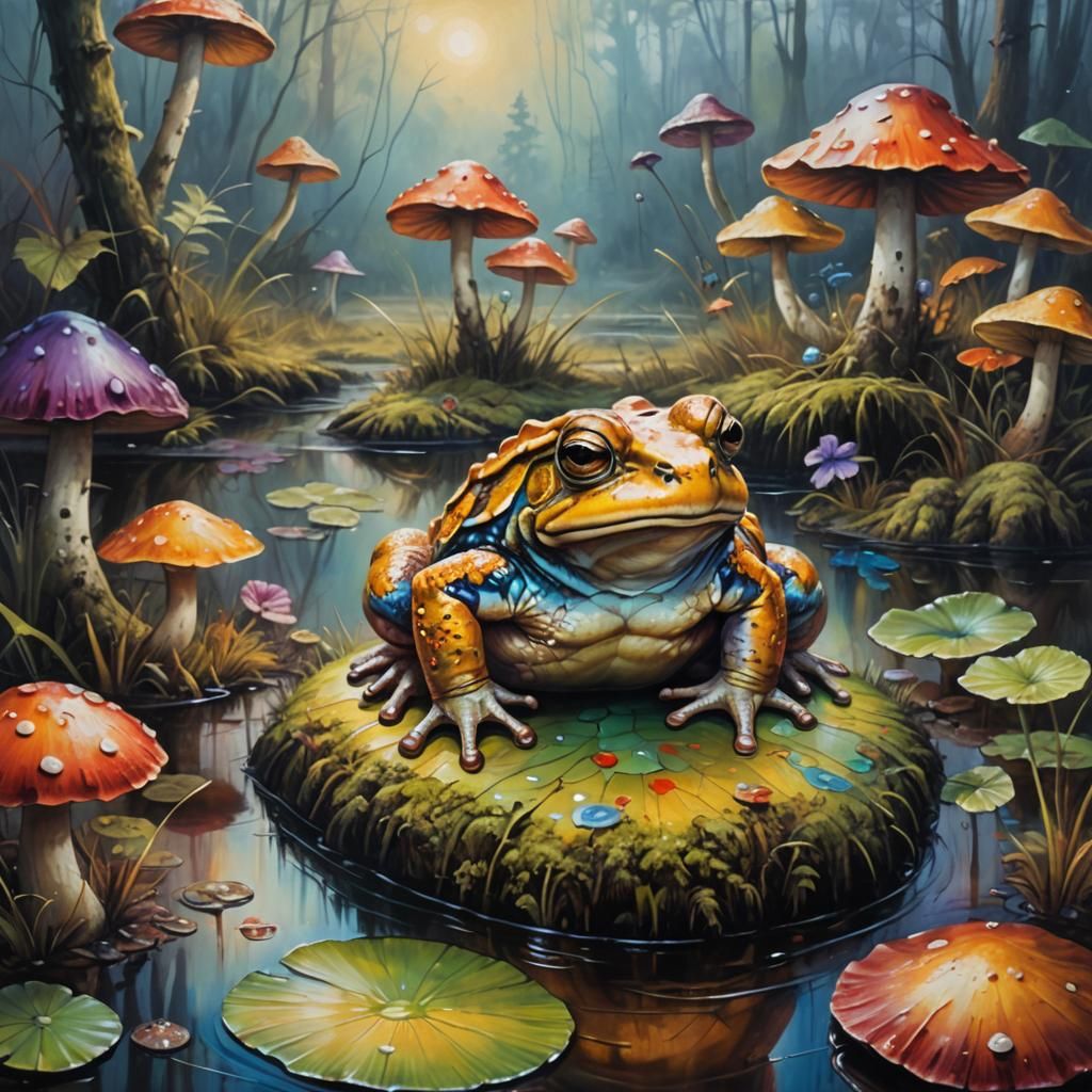 Colorful Toad in Swamp, Vibrant Oil Painting
