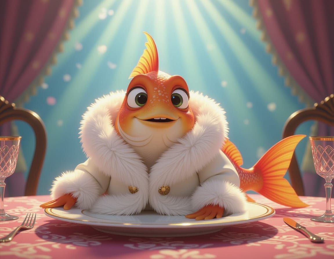 Fish in Fur Coat on Festive Table, Pixar Style