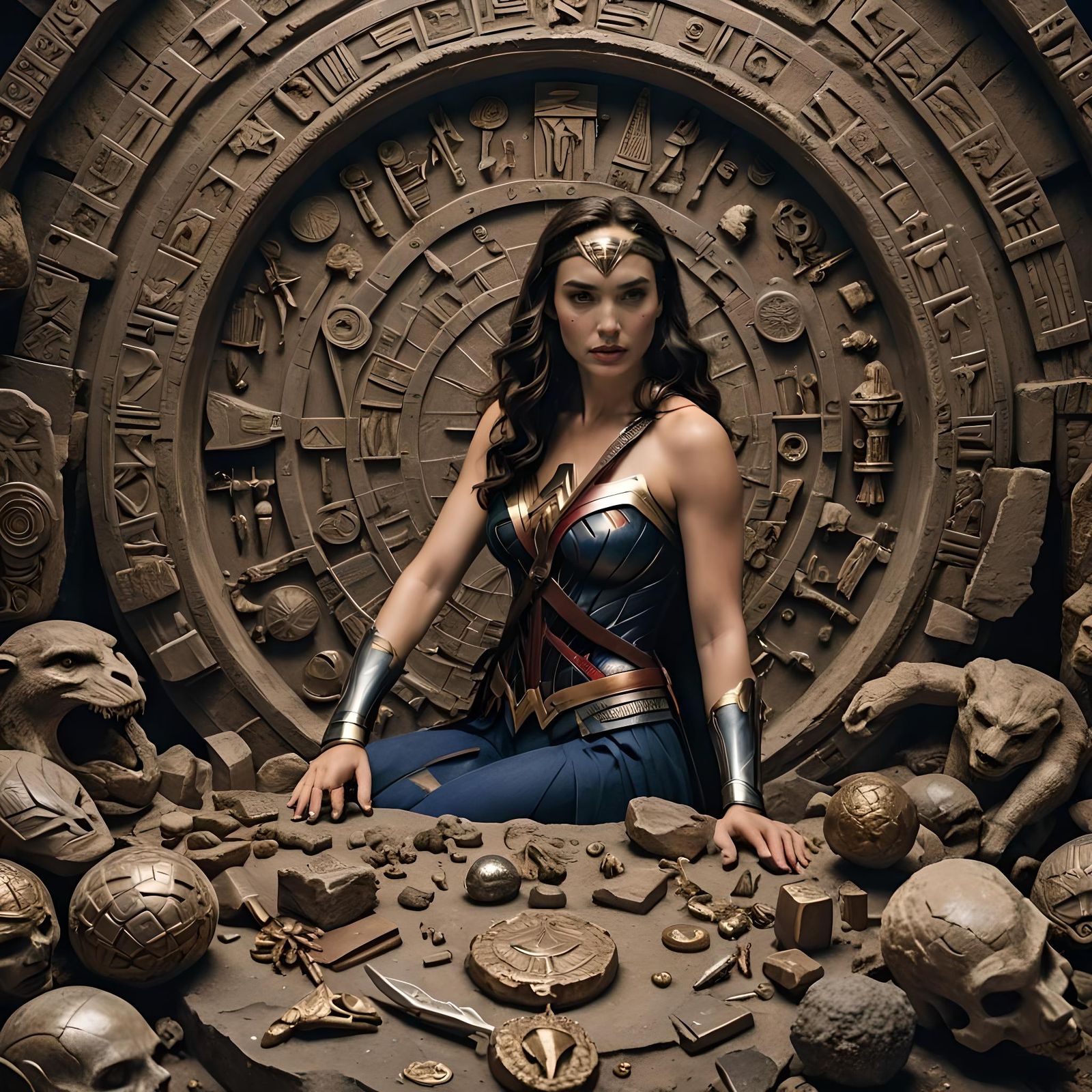 Wonder Woman Surrounded by Ancient Artifacts: Detailed Photo
