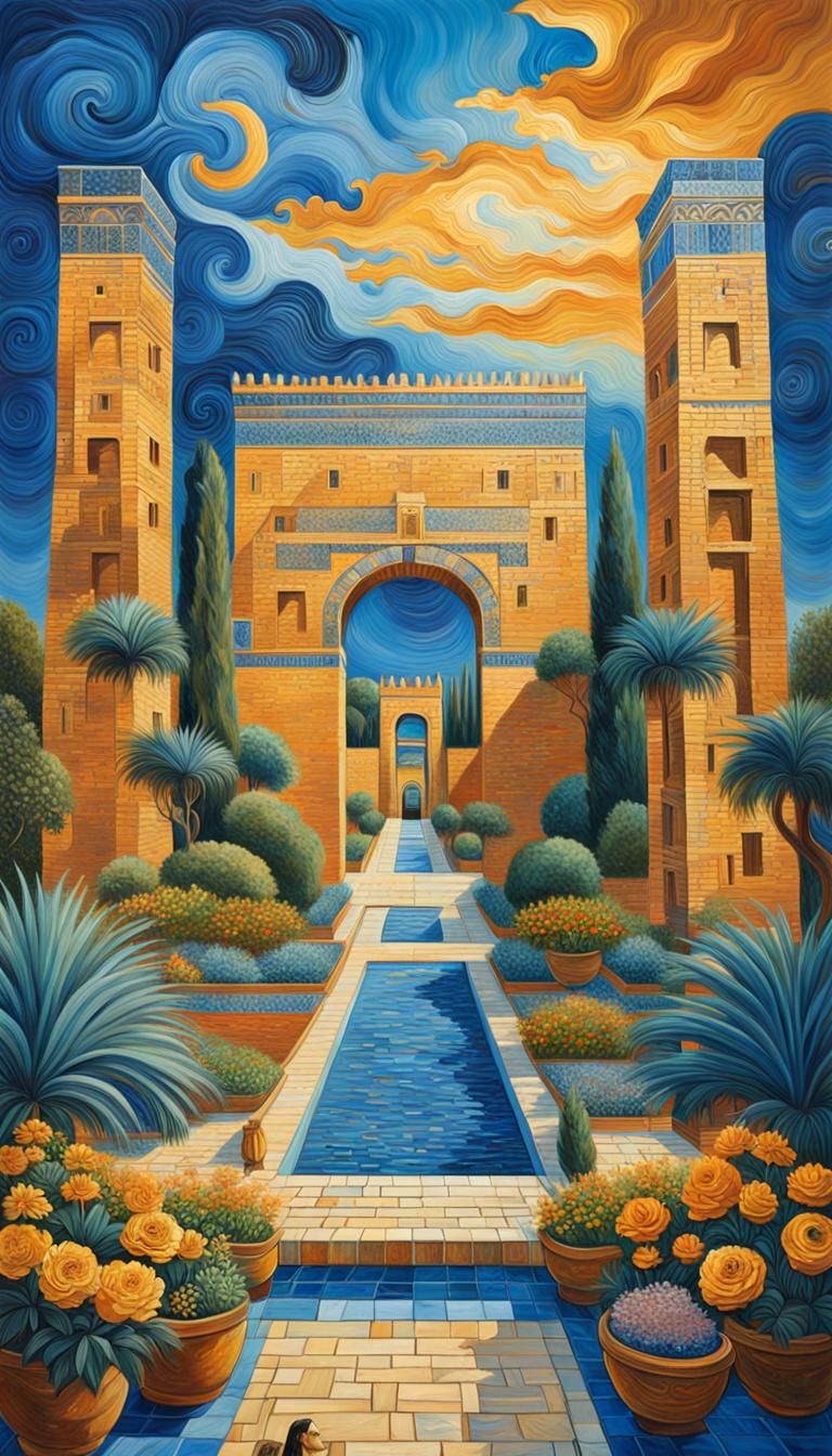 Ishtar Gate of Babylon in Surrealist Oil Painting