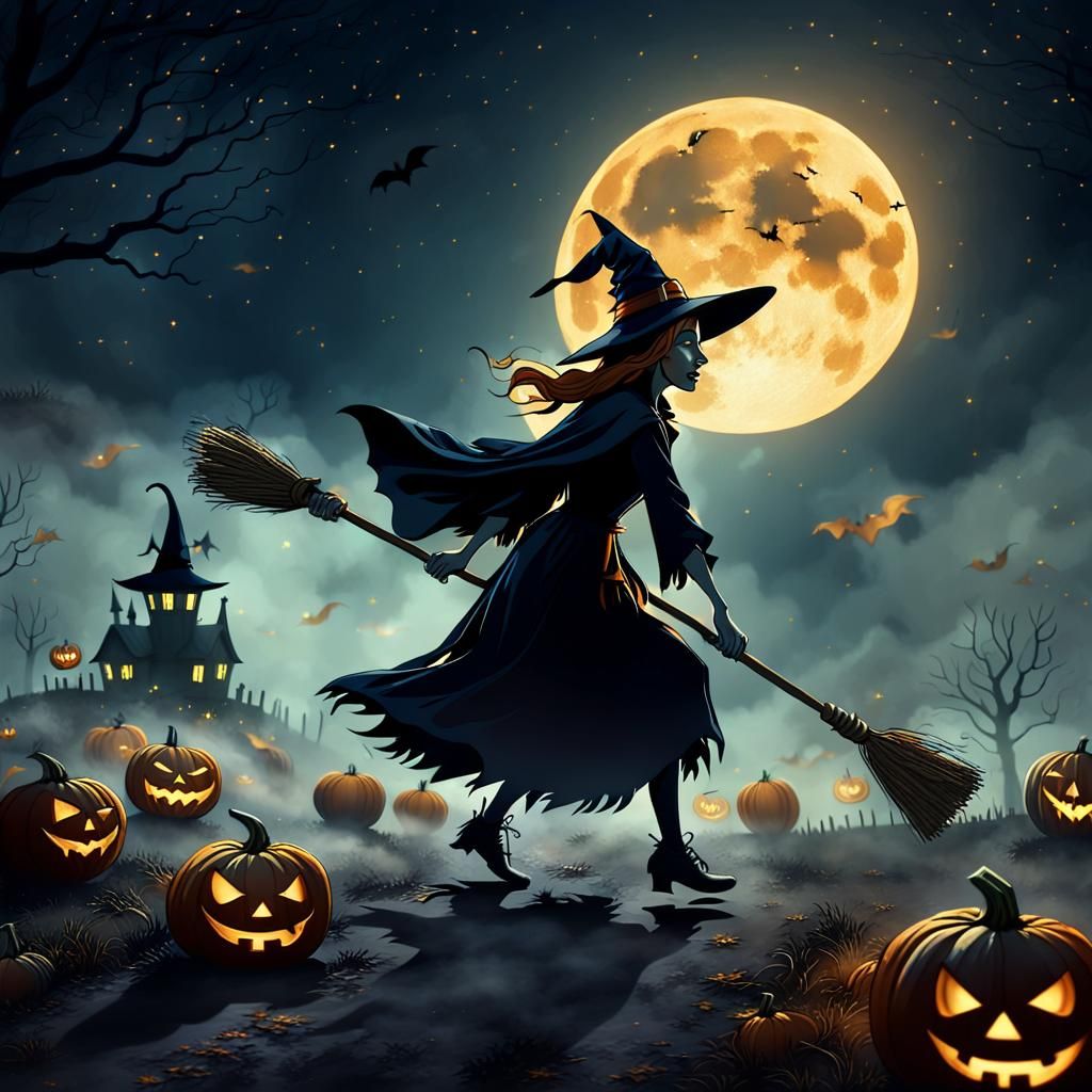 Witch Flying Over Moon in Golden Light