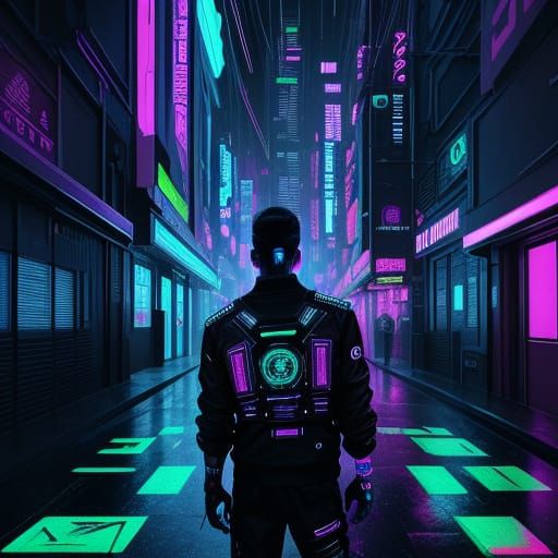 Cyberpunk DJ Spins Tracks in Neon-Lit Alleyway