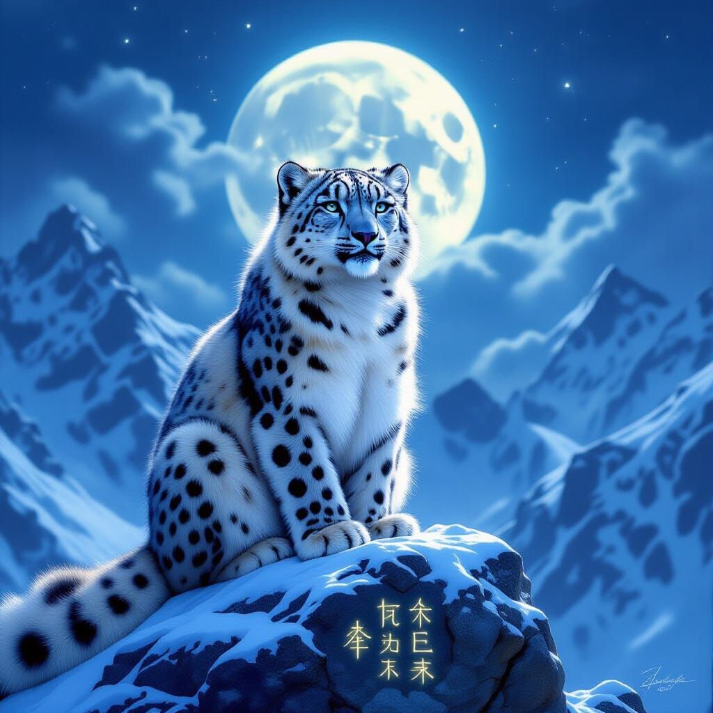 Snow Leopard Contemplation Under Moonlight: Hyperrealism