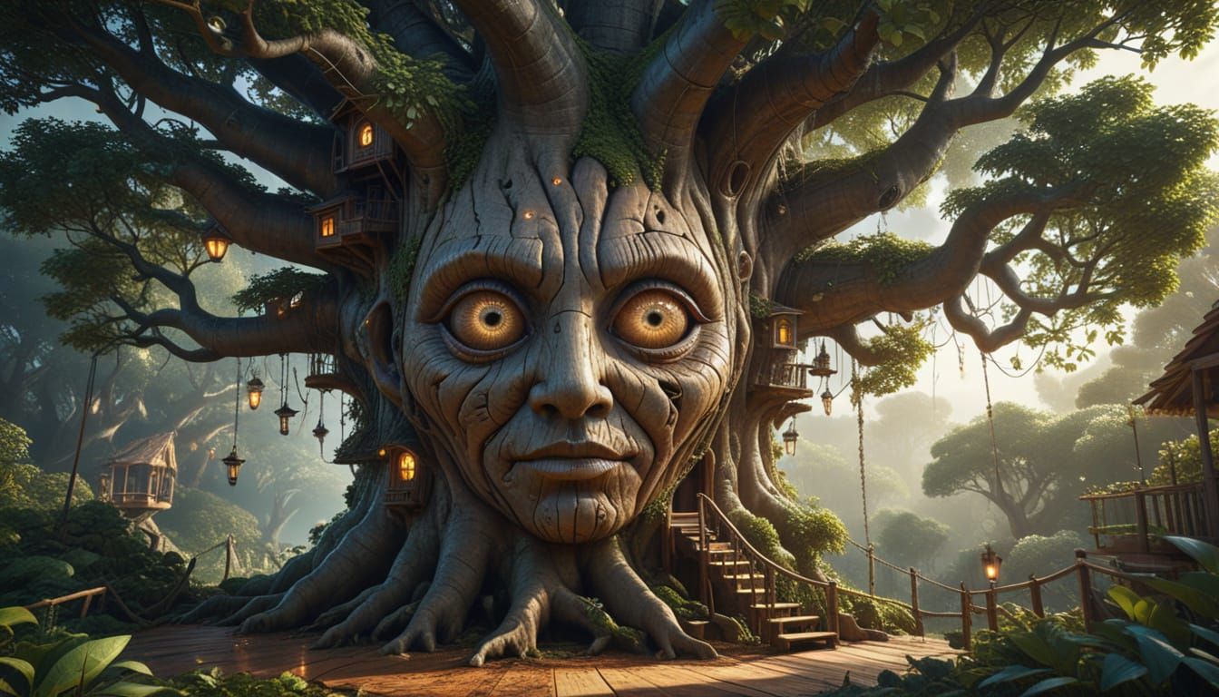 Surreal Treehouse with Face Trunk in Fantasy Art Style