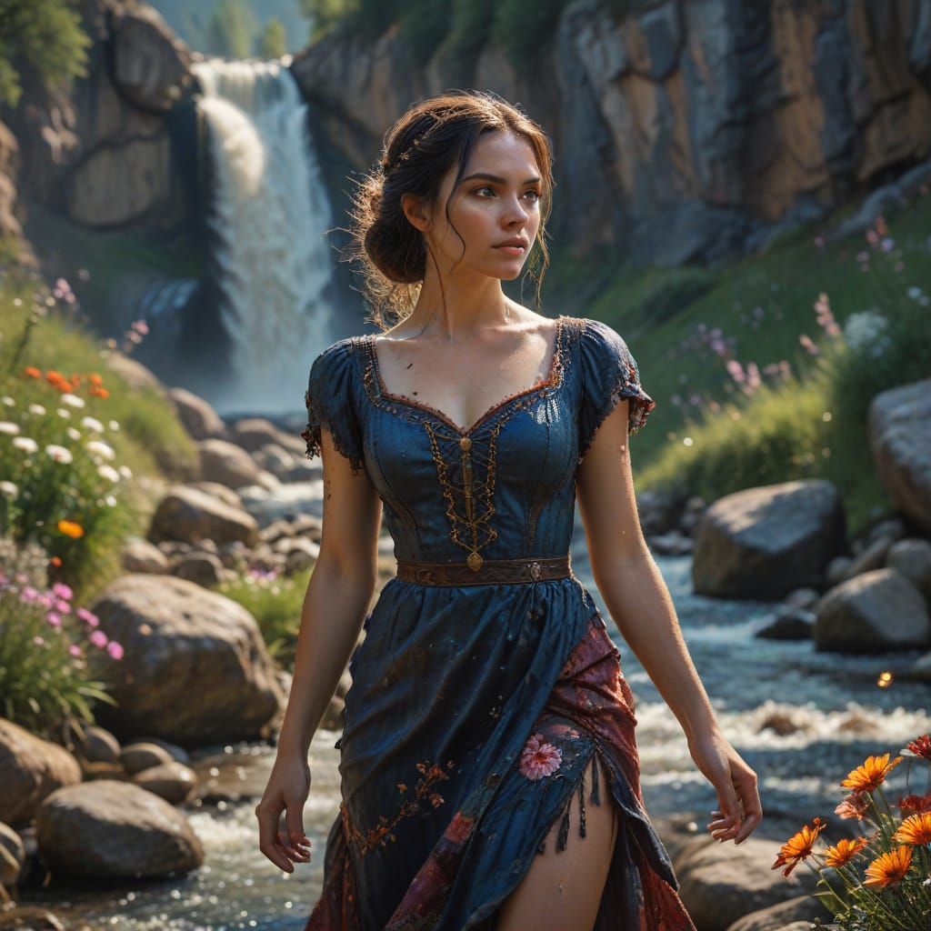 Tramp and Prince Meet by Waterfall in Mountain Meadow