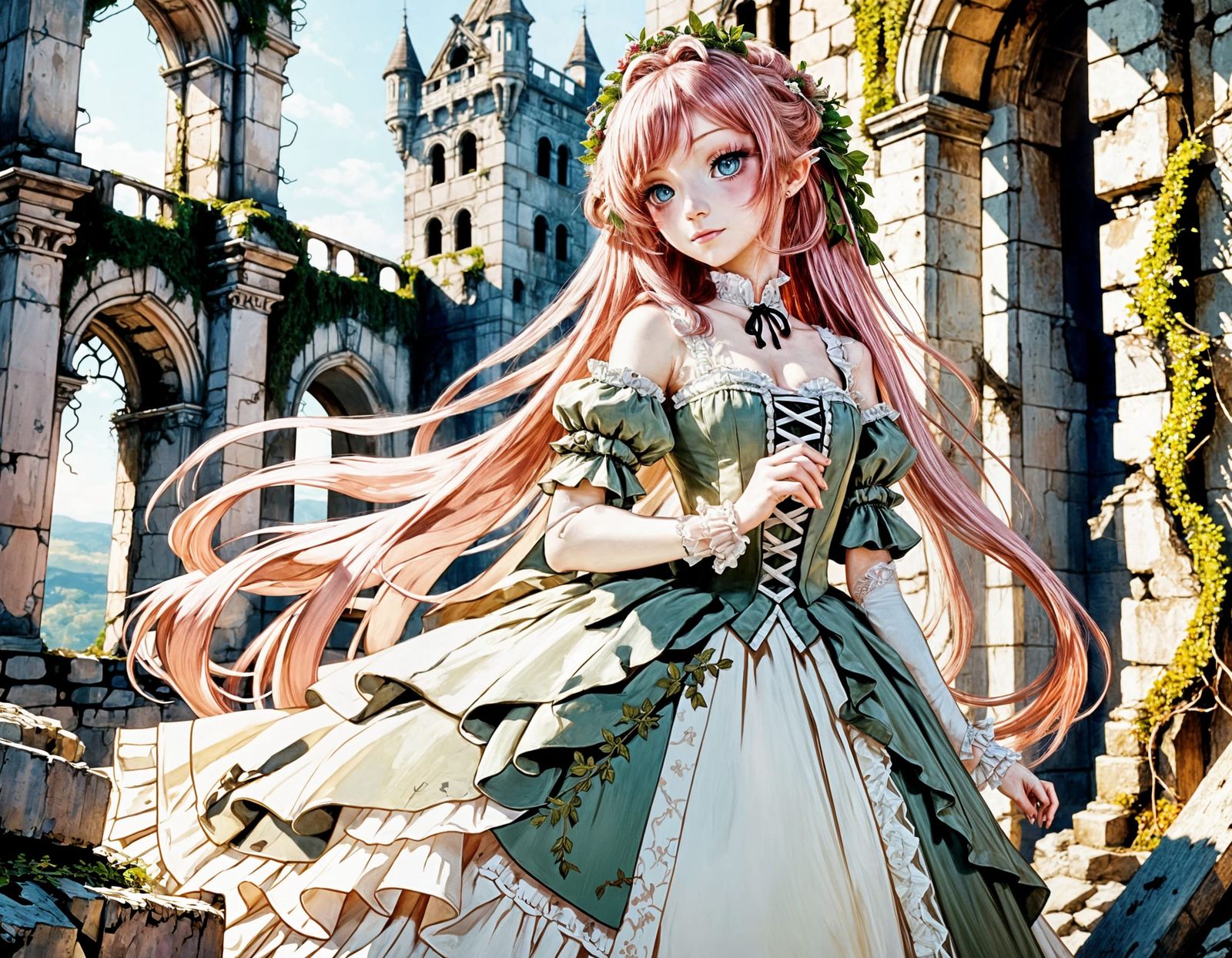 Pink-Haired Girl in Rococo Dress in Abandoned Tower