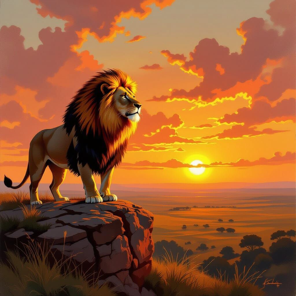 Lion with Fiery Mane Overlooking Savannah, Oil Painting