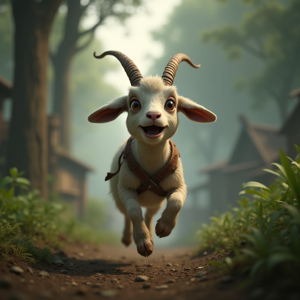Frightened 3D Goat Runs into Misty Forest