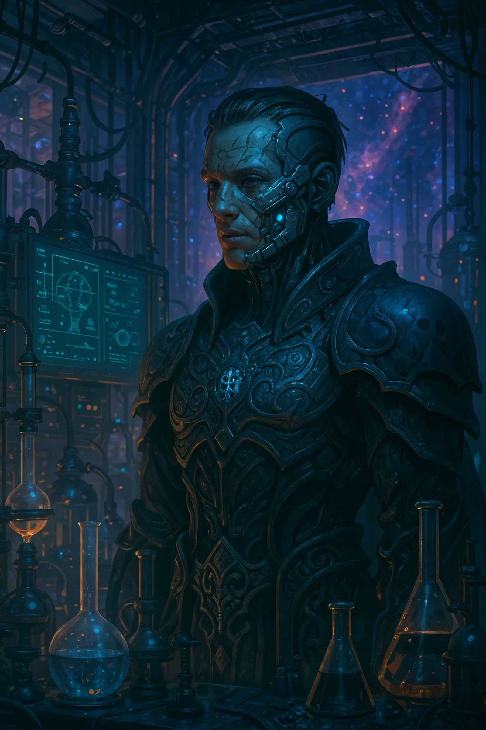 Cyborg in Cyberpunk Lab with Cosmic Glow
