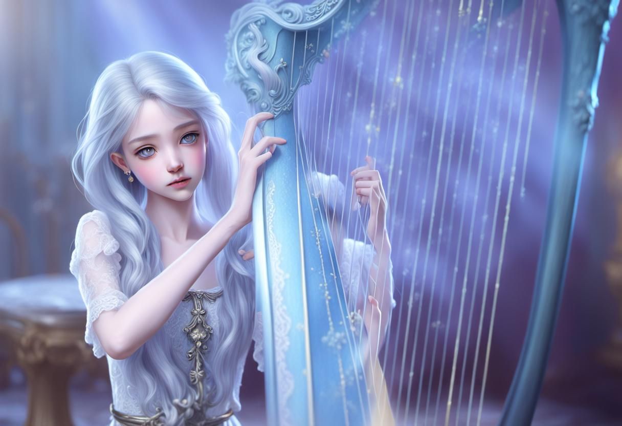 Silver-Haired Beauty Playing Harp in Cinematic Style