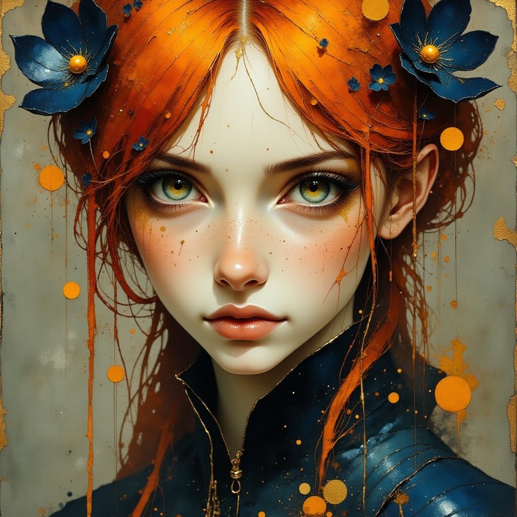 Copper-Haired Woman in Ornate Armor: Digital Oil Painting