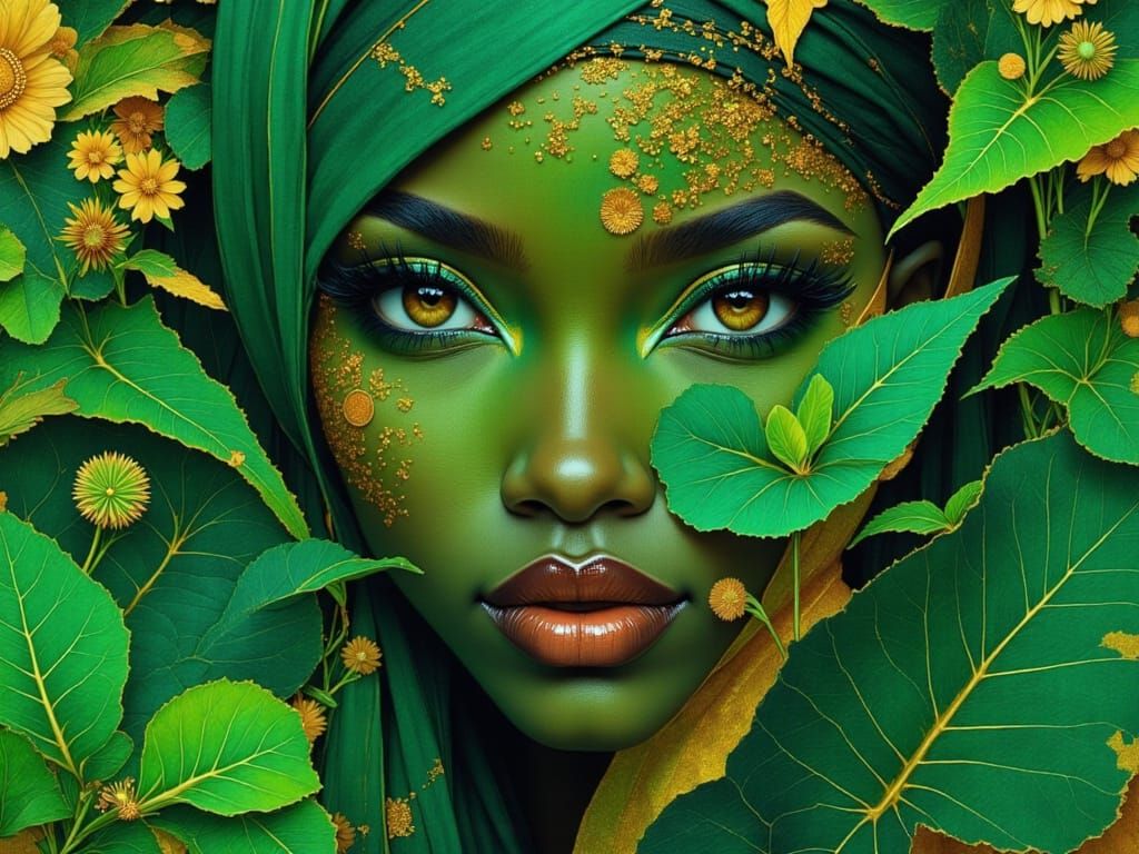 Monochromatic Green Portrait of Elegant Black Woman